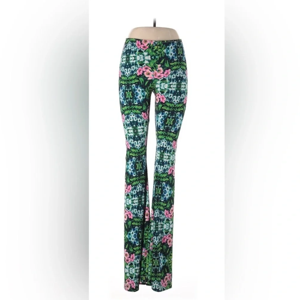 Show Me Your Mumu Green Floral Flare Pants Size L Boho Bell Bottom Stretch - Picture 5 of 5